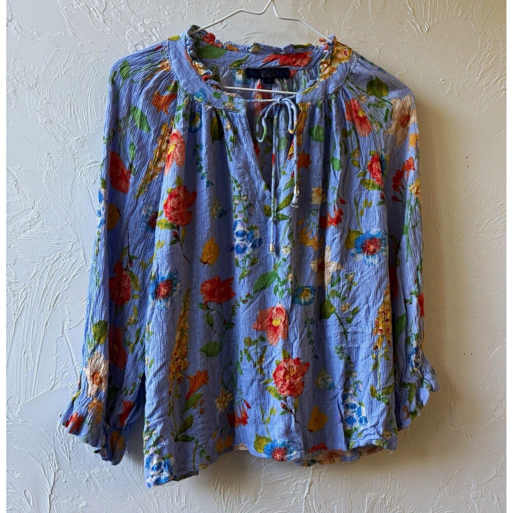 Rachel Roy Women’s Blouse M Blue/Multicolor Floral Round Neck Ruffle Tie 3/4
